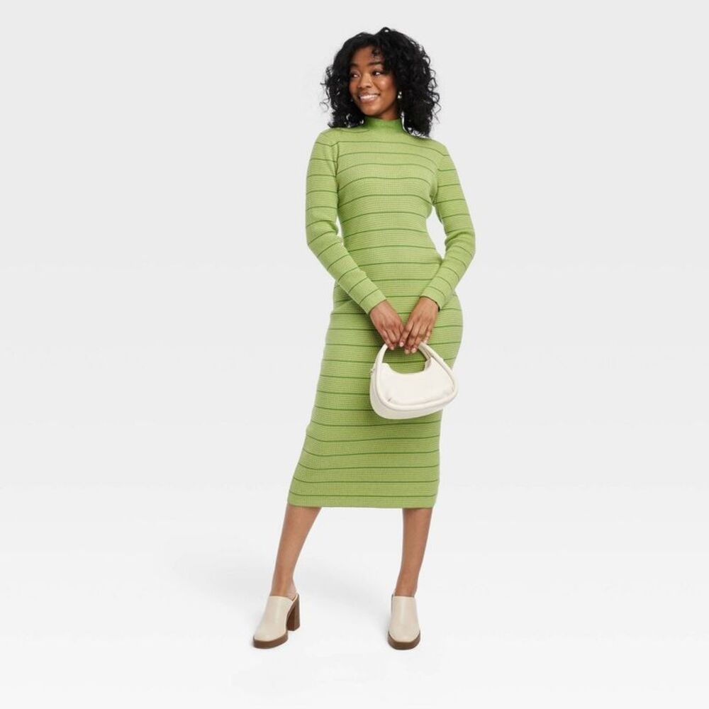 Women's High Neck Midi Knit Dress Long Sleeve - Picture 3 of 4